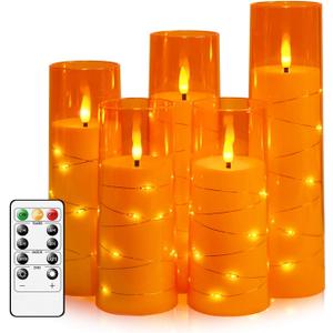 Flameless LED Candles with Timer 5 Pc Flickering Flameless Candles for Romantic Ambiance and Home Decoration Stable Acrylic Shell,with Embedded Star StringBattery Operated CandlesOrange
