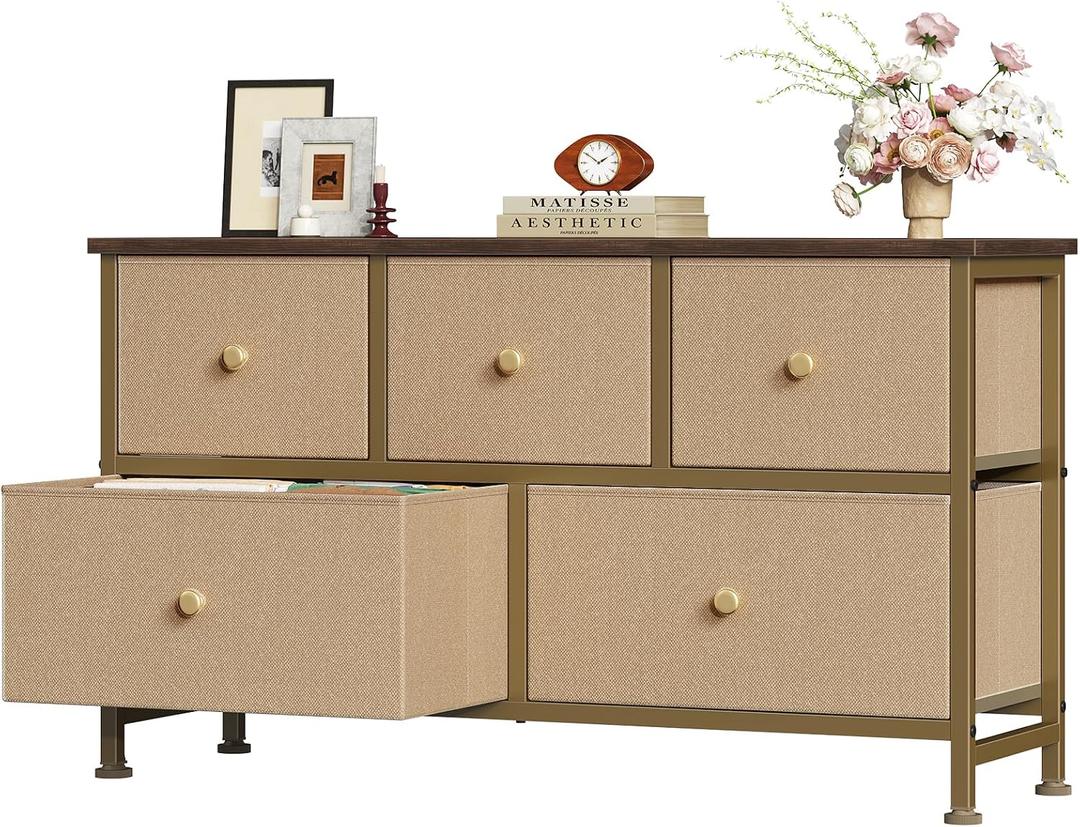 OLIXIS 5 Drawer Dresser for Bedroom, Storage Organizer for Closet, Khaki, 11.8"D x 39.4"W x 20.9"H