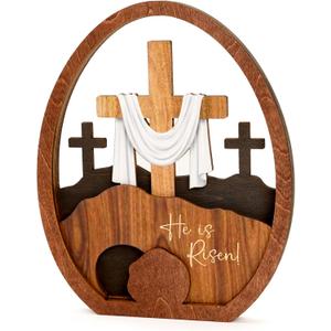 Easter Decoration Jesus Resurrected Tomb, He is Risen Easter Decor, Wood Christian Resurrection Scene Table Decorations, Catholic Cross Jesus Religious Easter Gifts, Gifts for Church, Shelf, Desk