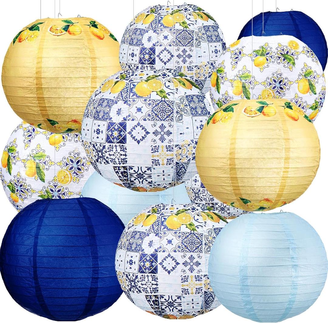Retisee 12 Pcs 10'' Capri Lemon Pattern Paper Lantern Party Supplies for Bridal Shower Wedding Amalfi Coast Blue Yellow Tiles Mediterranean Party Paper Lantern Hanging Decor for Lemon Birthday