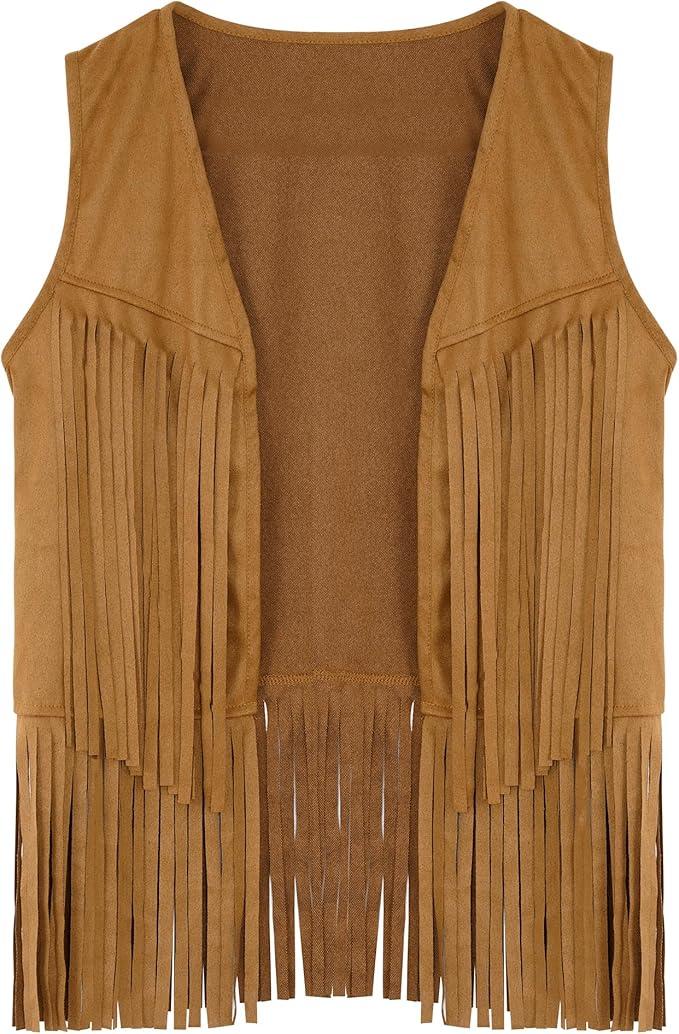 Womens Tassel Fringe Vest Sleeveless Western Cowgirl Vest 70s Costume Tops Hippie Jacket for Halloween, Brown, 2XL