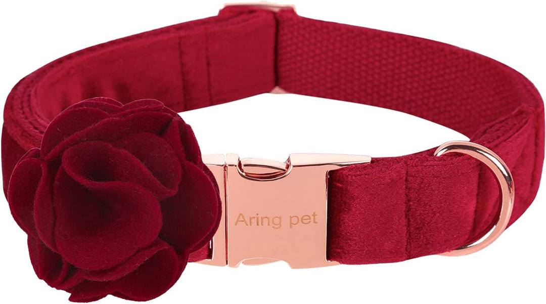 ARING PET Velvet Dog Collars, Christmas Red Soft Pet Collar with Detachable Felt Flower Metal Buckle for Puppy Small Medium Large Boy Girl Dogs-S (Small (Pack of 1))