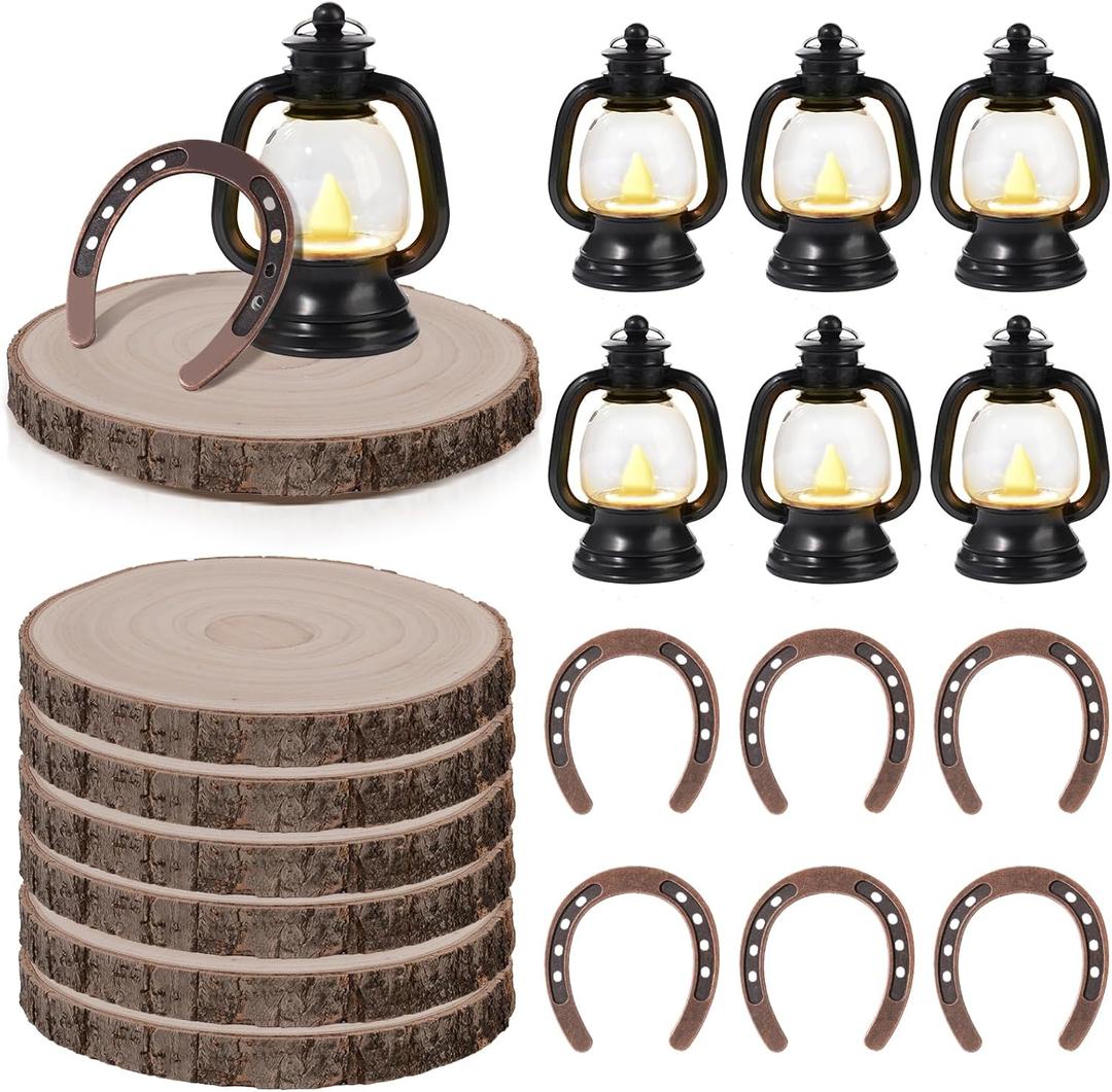 10PCS Western Party Decorations Mini Cowboy Centerpieces Lantern with LED Candle Wooden Plate Lucky Horseshoe Table Centerpieces Supplies for Western Cowboy Theme Birthday Wedding Party Favors Decor