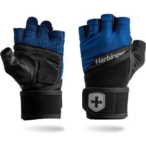 Harbinger Training Grip Wrist Wrap Gloves - Enhanced Grip & Wrist Support, Breathable Lycra Back, Padded Leather Palm, Half-Finger Design, Quick Pull Tabs - Ideal for Weightlifting, Gym - Men's (X-Large, Blue)