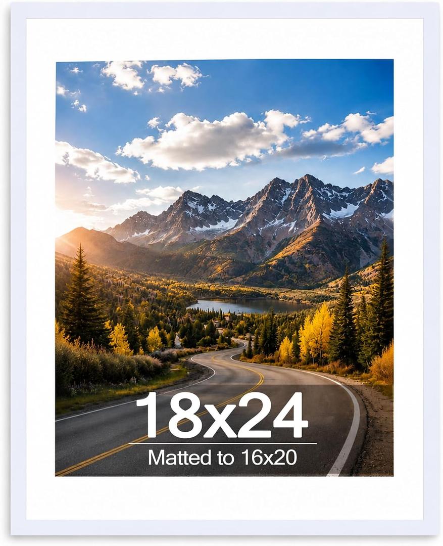 Wood 18x24 Picture Frame with 16x20 Mat White, Display 16x20 with Mat or 18x24 Without Mat, Wood 18 by 24 Photo Frame, 18 x 24 Frame for Wall Hanging Display, White