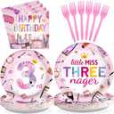 Grencian 96 Pcs Threenager Birthday Decorations Girl Makeup Spa 3rd Birthday Plates and Napkins Little Miss Threenager Birthday Decorations for 3 Year Old Girl Serves 24