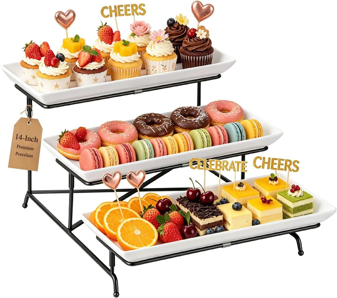 3 Tier Serving Tray Set 14 Inch Porcelain Tiered Serving Trays Platters, Collapsible Sturdier Stand with Stable Cross Bars, Three Layer Serving for Party Entertaining Food Display Fruit Dessert