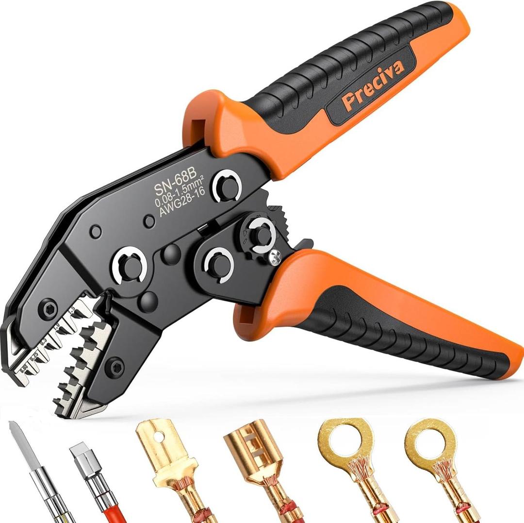 Preciva 5-in-1 Wire Crimper, Dupont Terminals & Open Barrel Terminals - AWG 28-16 Ratcheting Crimper with 5 Marked Precision Jaws, Fits Deutsch, JST, Molex, Delphi, AMP&More Automotive Wire Connectors