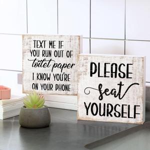 Jetec 2 Pieces Farmhouse Bathroom Signs Decor Wooden Box Sign Funny Bathroom Wall Art Rustic Wood Plaque Please Seat Yourself Decor for Home Restroom(Yellow)