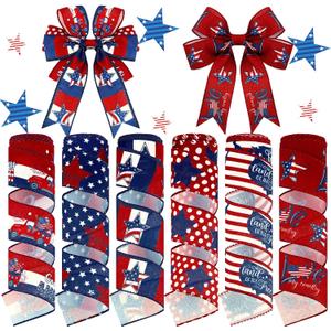 Tigeen 6 Rolls 30 Yards 250th Anniversary Memorial Day 4th of July Patriotic Ribbon Stars and Stripes Burlap Wired Edge Ribbon White Red Blue Decor for Independence Day Gift DIY Wreath Bow Craft