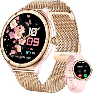 Smart Watches for Women, HD Screen Fitness Tracker 5ATM Waterproof with Bluetooth Make/Answer Calls, Activity Trackers with Heart Rate/Sleep/Female/SpO2 Monitor, Smartwatch for iPhone/Android(2 bands) (Golden Mesh Steel + Pink)