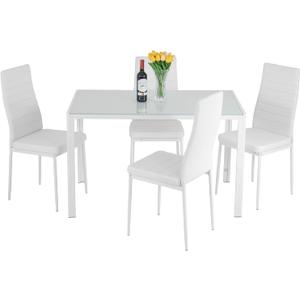 FDW | 5-Piece Dining Table Set | White | Glass Kitchen Table with 4 Upholstered Chairs and Faux Leather Cushions | Space-Saving and Modern Design | for Dining Room, Easy to Assemble