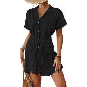 Bsubseach Womens Swimsuit Coverup Short Sleeve Button Down Tie Beach Shirt Dresses Summer Bathing Suit Cover Up Swimwear, Large, Black