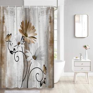 Rustic Farmhouse Daisy Floral and Butterfly Shower Curtain for Bathroom, Cream Tan Beige Brown, 36X70IN
