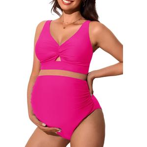 Summer Mae Twist Maternity Bikini Two Piece Pregnancy Swimsuits Cutout Bathing Suit High Waisted Ruched Swimwear (14, Hot Pink)