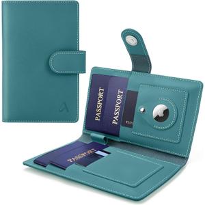 ALLIVE Family Passport Holder for Women & Men, RFID Blocking Passport Wallet with AirTag Slot, Genuine Leather Passport Cover Family Travel Gift & Airport Essentials (Lake Blue)