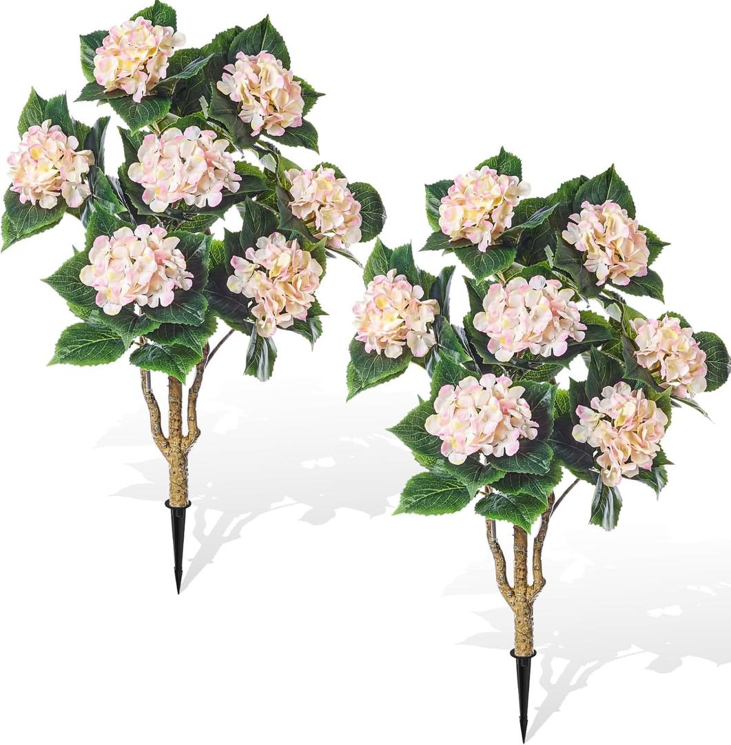 2 Pack Artificial Hydrangea Trees with Spikes 3 ft Faux Hydrangea Flower UV Resistant Spring Summer Floral Blooming Bush for Indoor Outdoor Wedding Front Door Porch Garden Backyard(White)