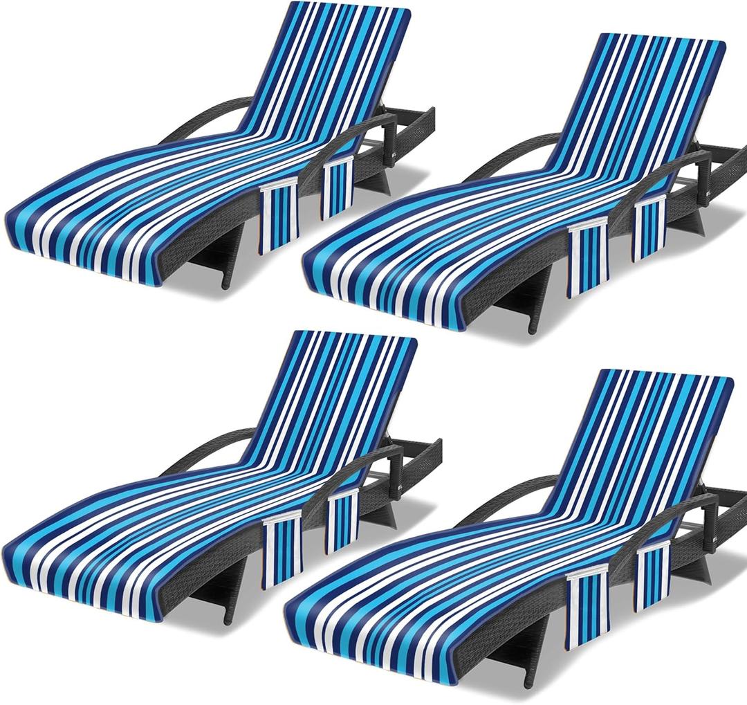 Lounge Chair Towel Cover, Chaise Lounge Cover (Pack of 4), Beach Chair Covers with 3 Pockets for Pool Sunbathing Beach Garden Courtyard Outdoor Trips, 85 x30 in,Striped Blue White