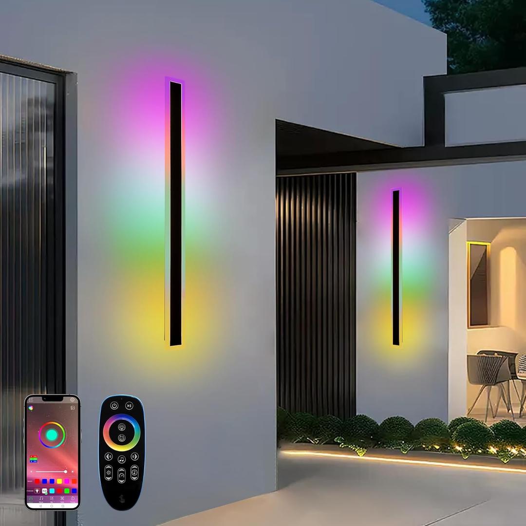 40inch RGBCW Modern Outdoor Long Wall Lights, 30W Dimmable Color Changing Hardwired LED Light Fixtures, Remote & Bluetooth App Control Linear Wall Sconces for Patio, Porch, Garage, 2 Pack