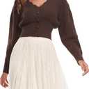 Women's Puff Short Sleeve Sweater V-Neck Button Knit Tops Crochet Soft Knitwear (Brown, L)