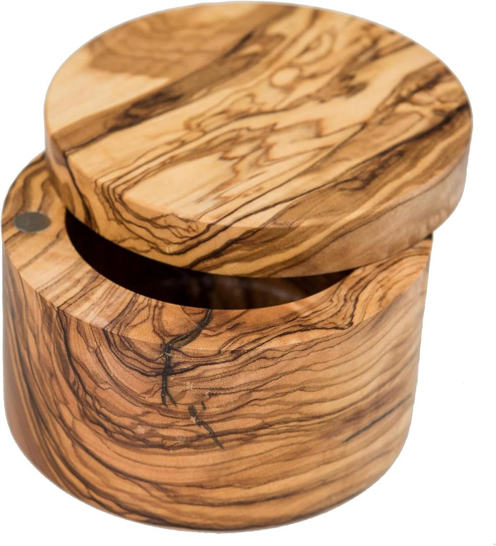 Lipper International Olive Wood Salt or Spice Box with Swivel Cover, 3 5/8" Diameter x 2 1/2" Tall