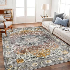 Area Rug 10x14 Washable Taupe Vintage Traditional Mat Distressed Indoor Foldable Thin Rug Retro Accent Floral Non Slip Carpet for Living Room Dining Room Office (Tan and Gray)