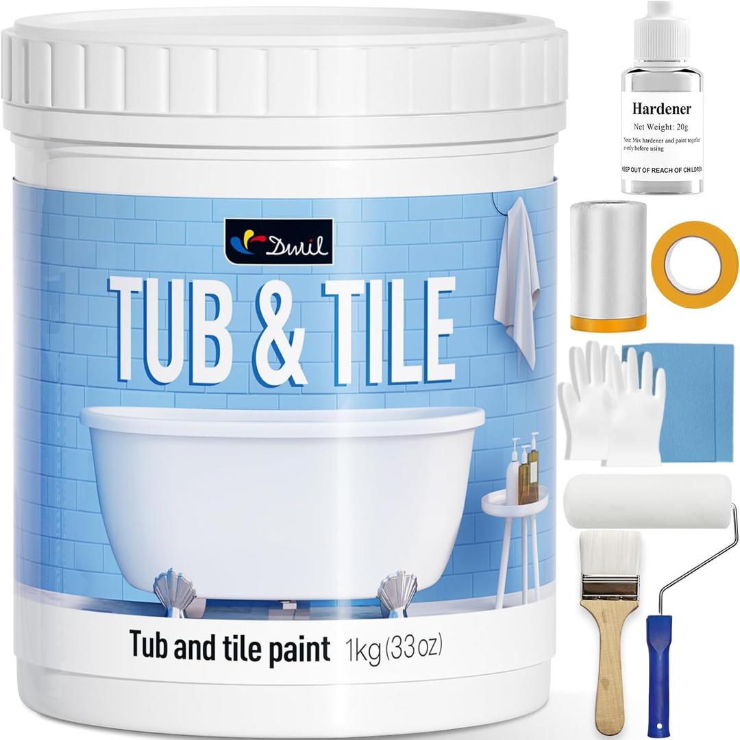 DWIL Tub and Tile Refinishing Kit, Quick-Dry Tile Paint for Wall & Floor, Sink Bathtub Paint for Bathroom, Kitchen, Toilets, Water Based, Semi-Gloss White, 50-55sq.ft, 33oz