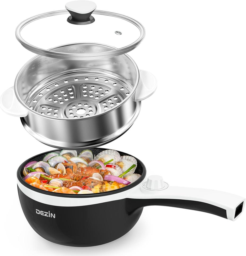 Dezin Hot Pot Electric with Steamer Upgraded, Non-Stick Saut Pan, Rapid Noodles Electric Pot, 1.5L Mini Pot for Steak, Egg, Fried Rice, Ramen, Oatmeal, Soup with Power Adjustment, Black