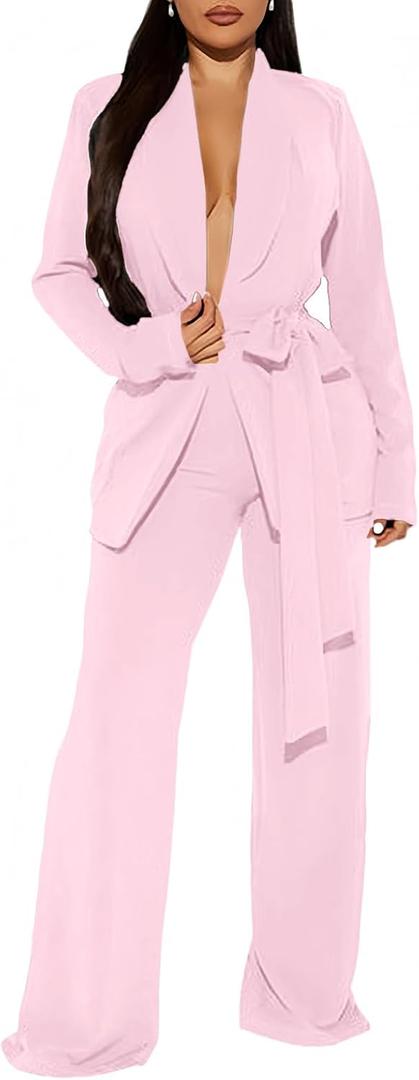 Elainone Women's Business Blazer Pants Set Dressy Professional Suits Wide Leg Office 2 Piece Outfit (XX-Large, Pink)