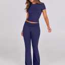ANRABESS Lounge Sets for Women 2 Piece Foldover Yoga Flare Leggings Pants Crop Tops Casual Y2K Outfits Matching Tracksuit Set (Blue, L)