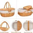 Wicker Picnic Basket with Removable Liner, Empty Picnic Baskets with Lid, Vintage-Style Picnic Hamper with Folding Woven Handle for Picnic, Camping, Outdoor, Halloween, Thanks Giving, Birthday (Cream)