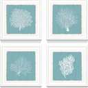 Ocean Sealife Coral Wall Art: Framed Sea Life Picture Print Watercolor Seaweed Artwork Home Office Wall Decor for Bedroom Living Room Bathroom 16x16x4pcs