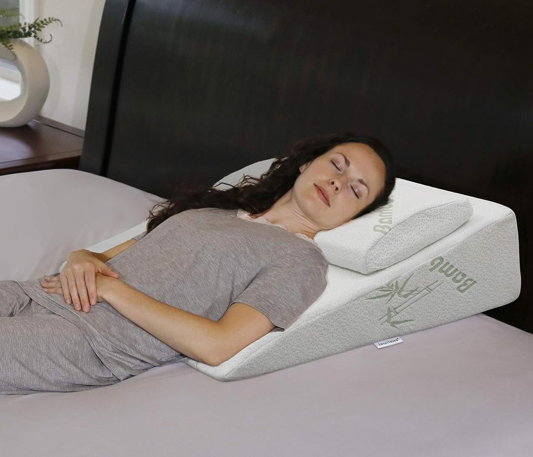 InteVision Foam Bed Wedge Pillow (26" x 25" x 7.5") and Headrest Set, 2" Memory Foam Top - Helps Relief from Acid Reflux, Post Surgery, Snoring