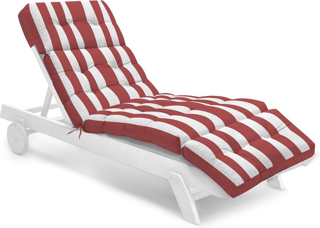 Outdoor Chaise Lounge Chair Cushion Waterproof 74.4 x 22 x 4.7 Inches Memory Foam Lounge Chair Cushions for Outdoor Furniture with Ties, Thickened Pool Lounge Chair Cushion, Stripe Red&White