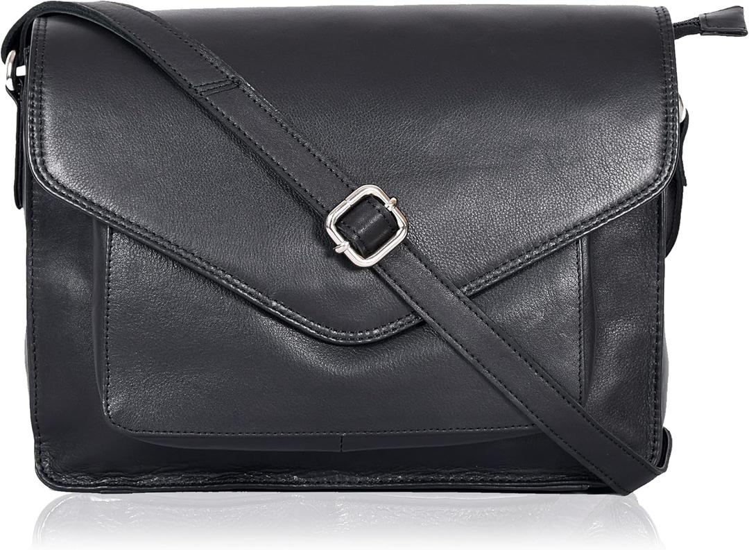 Leather Flapover Crossbody Handbag Purse for Women with Adjustable Strap & Overflap Snap Closure Tote/Bag (Black Ndm)
