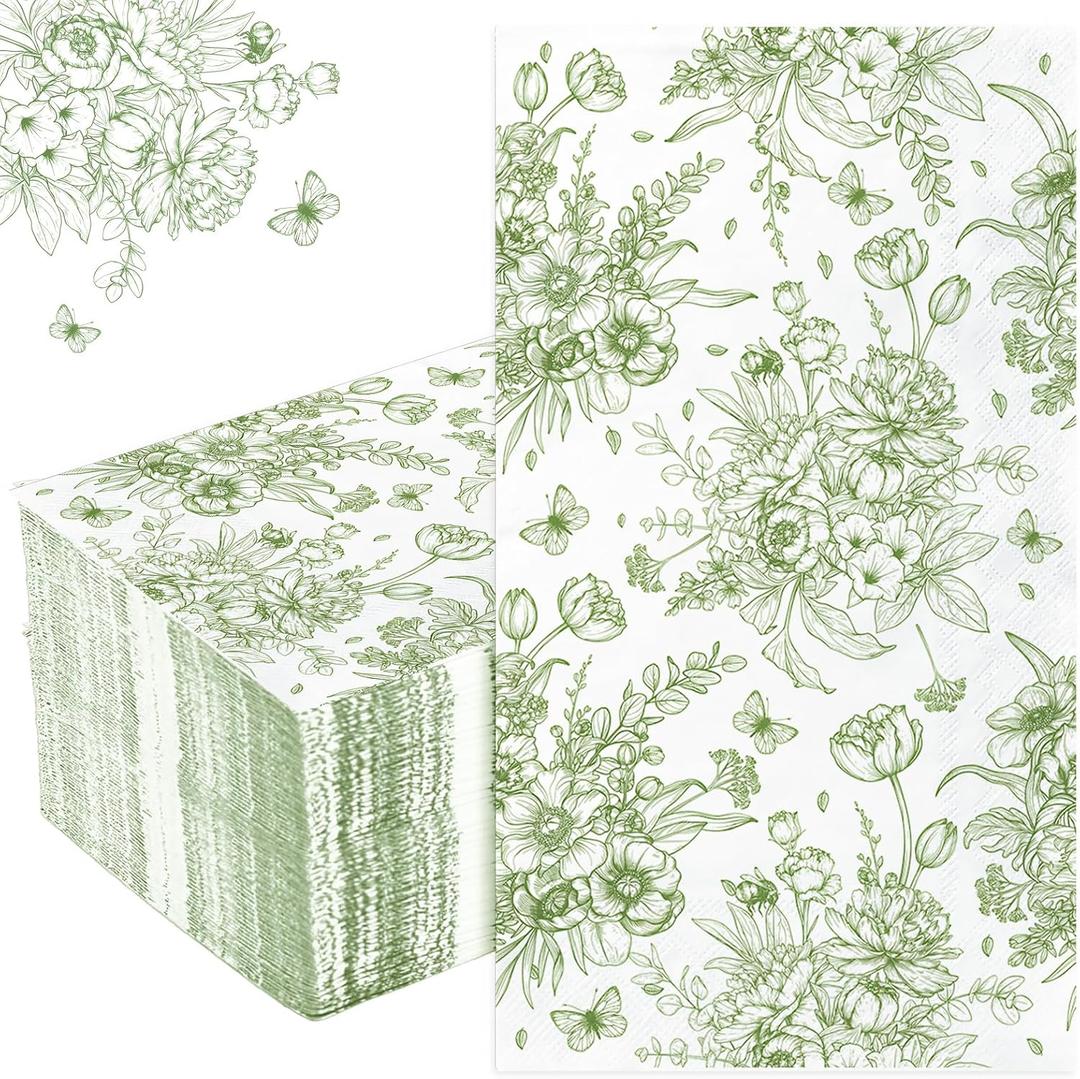 Green Floral Paper Napkins - 100Pack, 2Ply | Wildflower Disposable Guest Hand Towels, Garden Party, Wedding, Bridal Shower, Baby Shower, Tea Party Decor