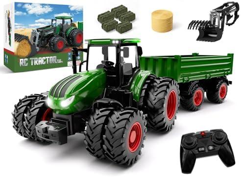 Uarzt Remote Control Tractor Toy with Trailer | Metal Front & Front Loader Farm Vehicle Set with Lights & 8-Wheel Design, RC Tractor Truck for Boys Ages 3-9, Fun Farm Toy Gift for Kids
