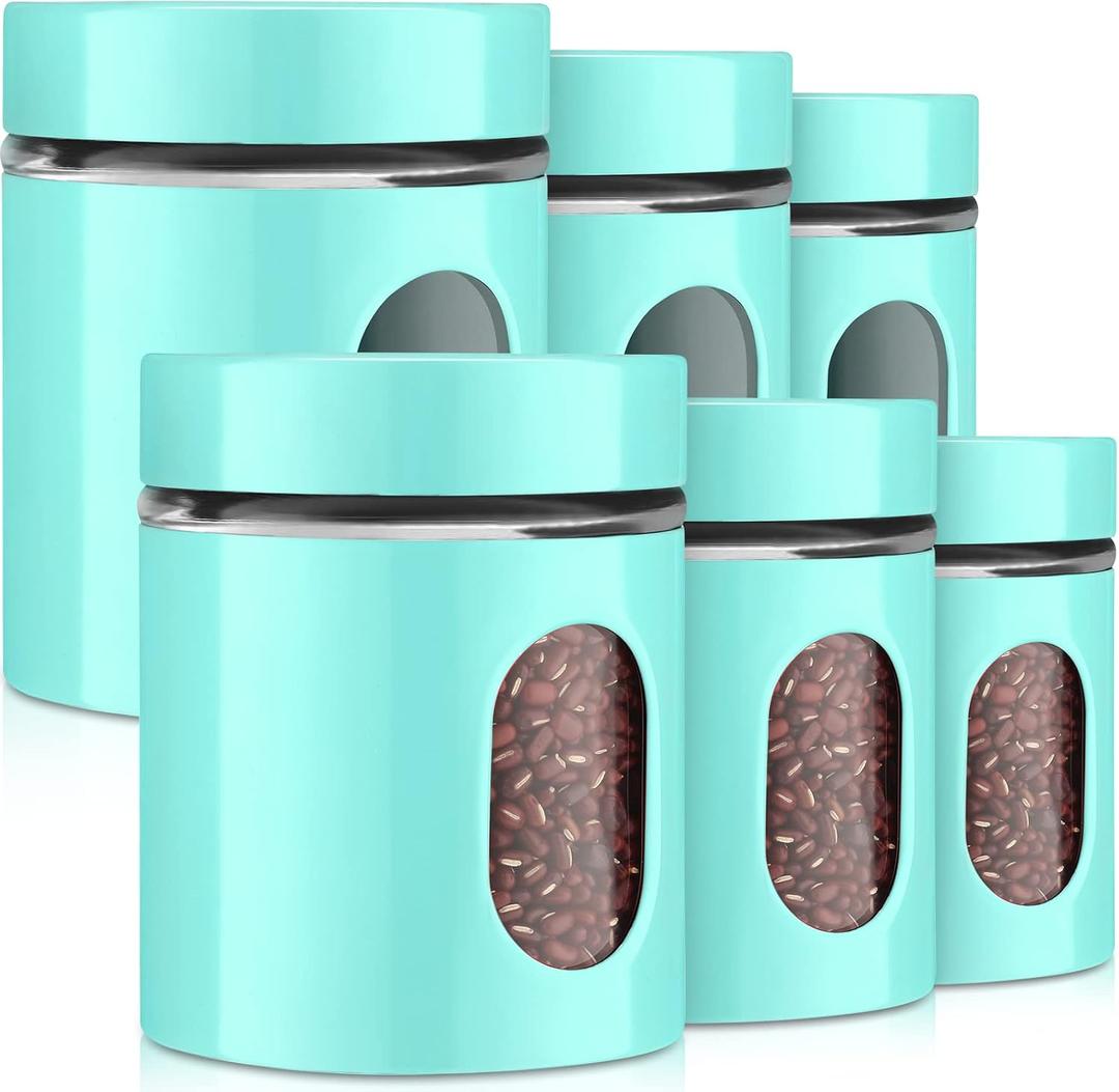 6 Pack Kitchen Canisters Set 20 oz Airtight Stainless Steel Canister Food Storage Container with Window Glass, Coffee Sugar Candy Jars Tea Organizer for Flour Cookies Spices Grains Kitchen(Turquoise)