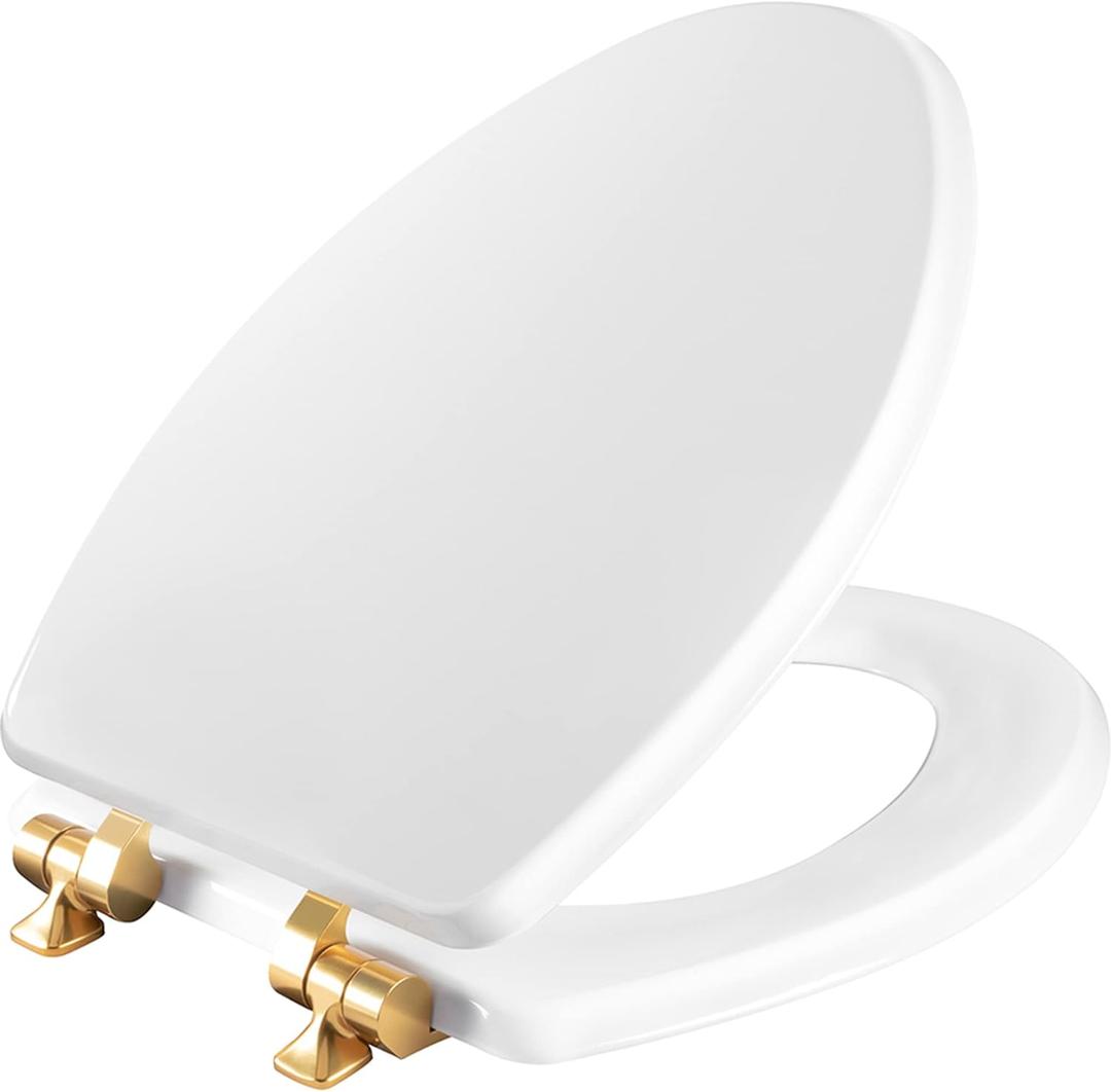Mayfair Bennett Toilet Seat with Brushed Gold Hinges, Slow Close Wood Seat, Secure Metal Hinges, Easy Install, Made in USA, Elongated, White