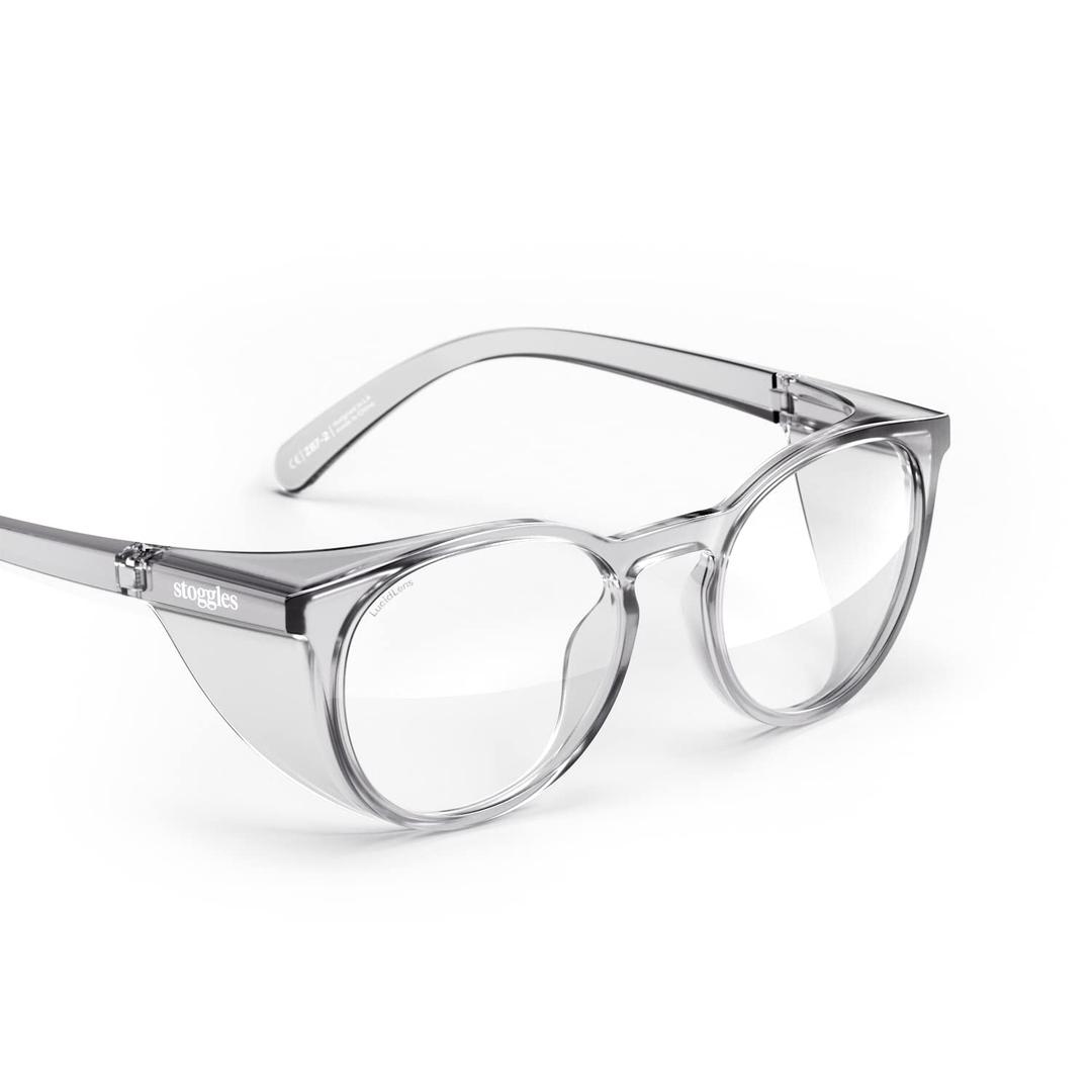 Stoggles Round Z87.1 Certified Polycarbonate Safety Glasses, Scratch & Shatter-Proof, Blue-Light & UV Blocking Lens, Top & Side Shields, Anti-Fog Dip Coated, Durable, Protective & Stylish Eyewear (Medium, Charcoal)