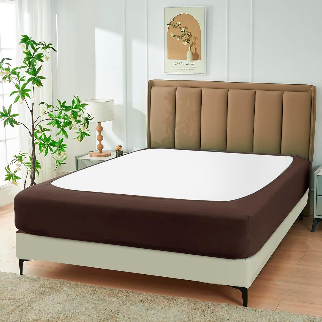 Biscaynebay Decorative Box Spring Cover King & Cal King Size, Brown Luxurious Jersey Knitting Stretchy Wrap Around 4 Sides Bed Skirt for Home/Hotels, Easy Fit Wrinkle & Fade Free Machine Washable