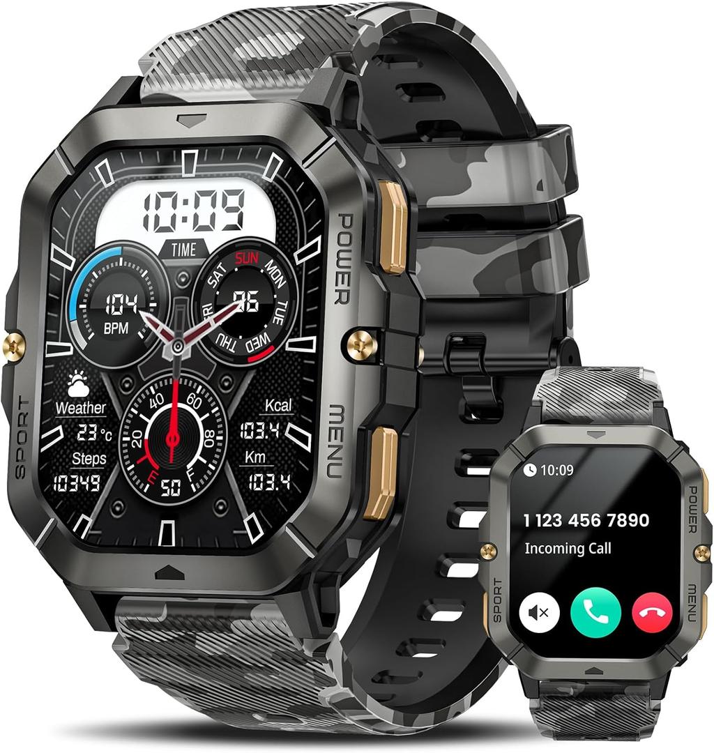 Military Smart Watches for Men (Answer/Make Calls), Watches for Men with Blood Pressure/Heart Rate/Sleep/100+ Sport Modes, 2.02'' Fitness Smart Watch, Waterproof Fitness Tracker for Android and iPhone (Camouflage)