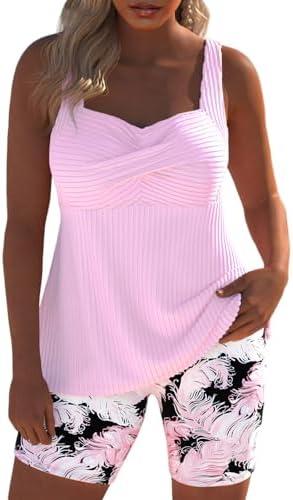 Modlily Surplice Tankini Swimsuits for Women, Two Piece Print Bathing Suit, Modest Coverage Tank Top with Board Shorts,XL