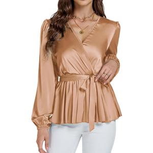 LYANER Women's Satin Silky Wraped V Neck Waist Tie Pleated Long Sleeve Blouse Shirt Top (Beige) L