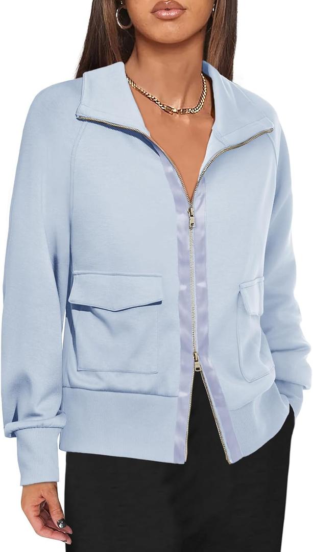 Fisoew Women's Zip up Sweatshirt Collared Neck Long Sleeve Loose Casual Lightweight Jacket with Pockets (Medium)