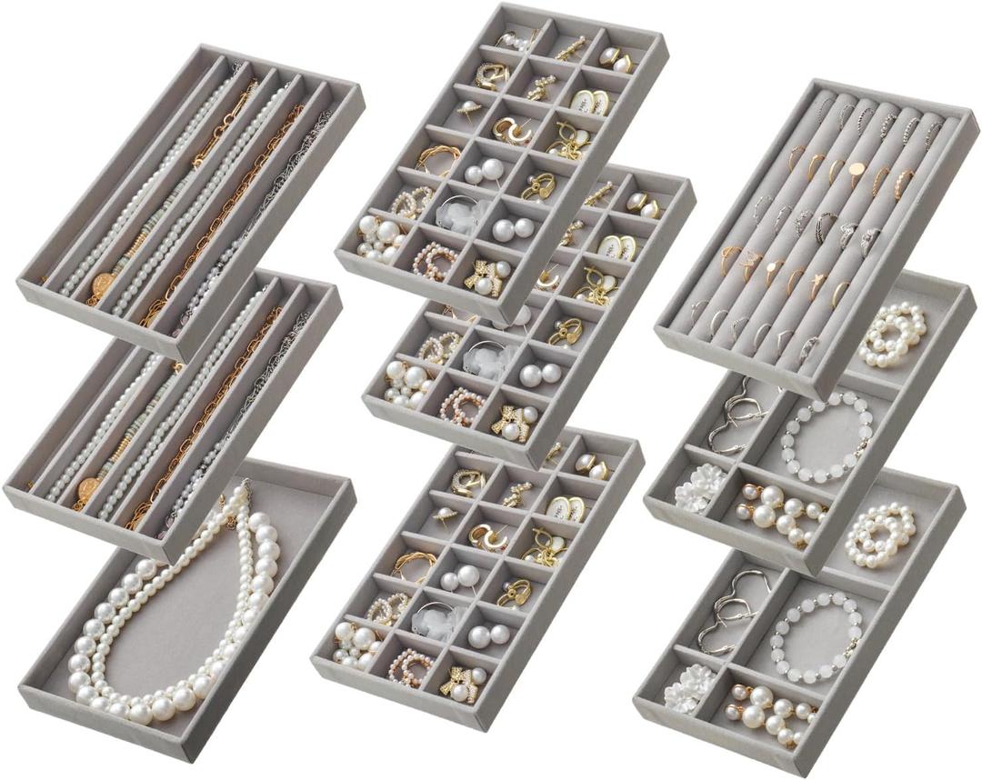 SPAKOWN Jewelry Drawer Organizer Inserts Set of 9, Velvet Jewelry Trays for Drawers, Storage for Earring, Ring, Necklace, Watch, Bracelet (Grey)