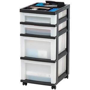 IRIS USA Plastic Drawer Storage Organizer Rolling Cart, with Wheels Casters, 4-Drawers, for Classroom Art Craft Supplies Dresser Closet Bathroom Laundry Room, Black/Pearl