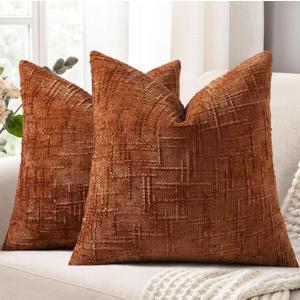 decorUhome Fall Rust Chenille Throw Pillow Covers 18x18 Set of 2 Thick Textured Slubby Couch Pillow Covers Farmhouse Accent Modern Neutral Decorative Pillow Cases for Bed Sofa Living Room