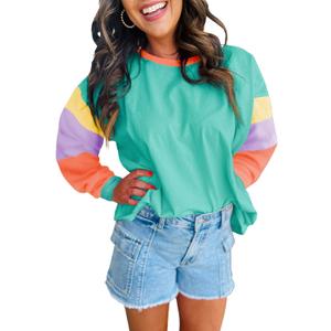 miduo Womens Long Sleeve Tops Color Block Stitching Casual Loose Fit Crew Neck Shirts Blouses (XXL)