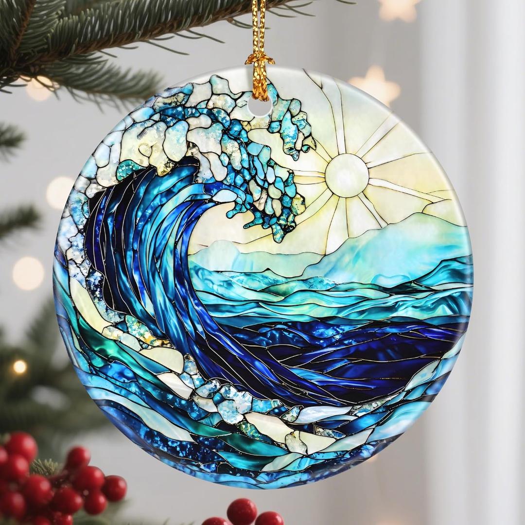 Christmas Ornaments, 2.8 Inch Ceramic Hanging Ornament, Christmas Tree Ornaments, Xmas Decorations, Holiday Decorations, Holiday Party Gifts, and Xmas Gift Ideas - Ocean Wave